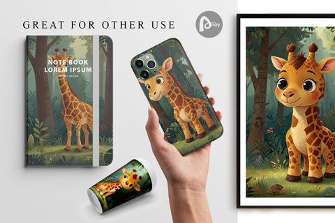 Digital Paper Cartoon Giraffe in Forest Digital Pattern artnoy 