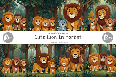 Digital Paper Cartoon Lion in Forest Digital Pattern artnoy 