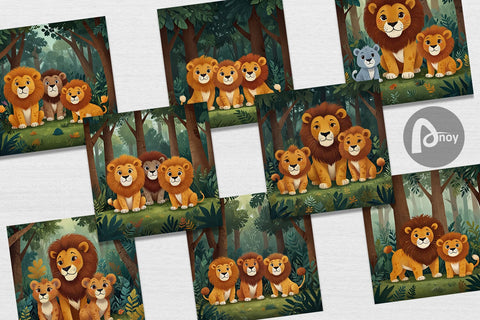 Digital Paper Cartoon Lion in Forest Digital Pattern artnoy 