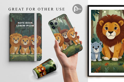 Digital Paper Cartoon Lion in Forest Digital Pattern artnoy 