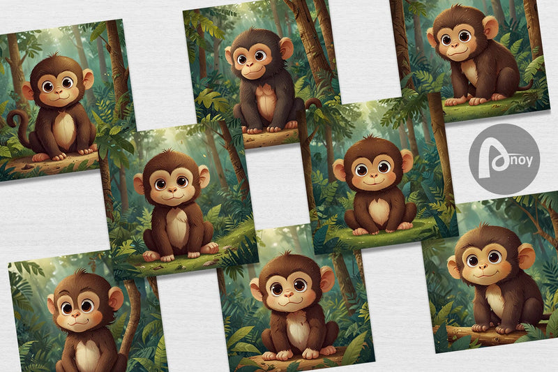 Digital Paper Cartoon Monkey in Forest - So Fontsy