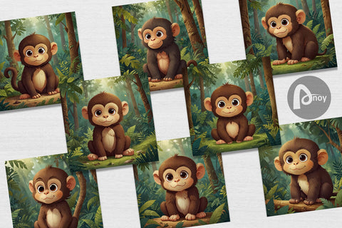 Digital Paper Cartoon Monkey in Forest Digital Pattern artnoy 