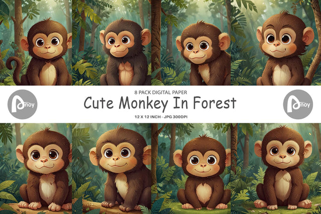 Digital Paper Cartoon Monkey in Forest Digital Pattern artnoy 
