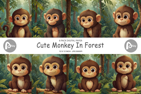 Digital Paper Cartoon Monkey in Forest Digital Pattern artnoy 