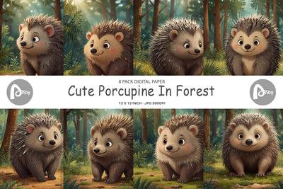 Digital Paper Cartoon Porcupine in Forest Digital Pattern artnoy 