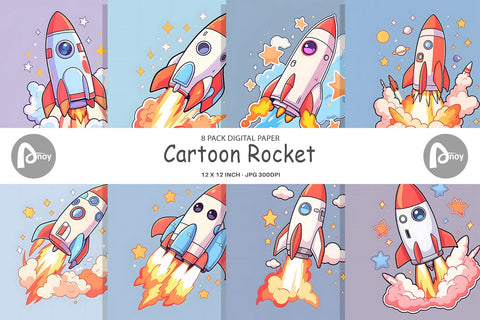 Digital Paper Cartoon Rocket Digital Pattern artnoy 