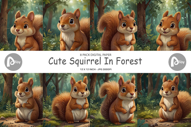Digital Paper Cartoon Squirrel in Forest Digital Pattern artnoy 