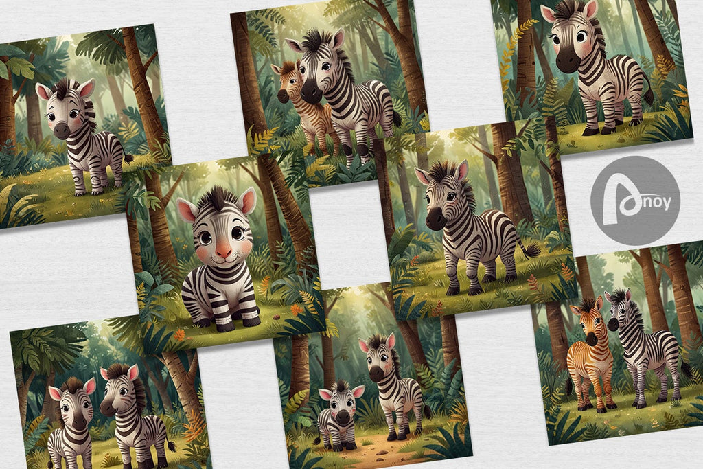 Digital Paper Cartoon Zebra in Forest - So Fontsy