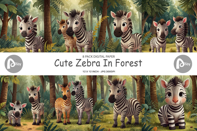 Digital Paper Cartoon Zebra in Forest Digital Pattern artnoy 