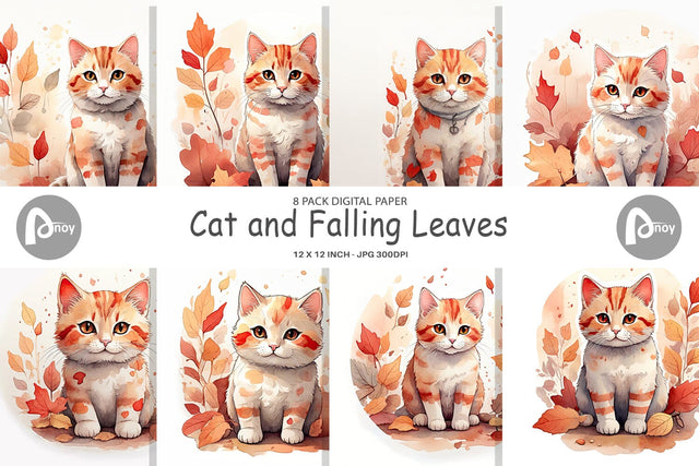 Digital Paper Cat Among Falling Leaves Digital Pattern artnoy 