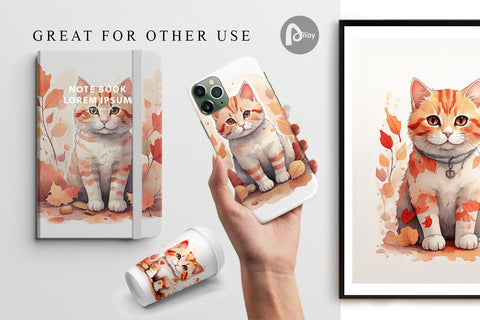 Digital Paper Cat Among Falling Leaves Digital Pattern artnoy 
