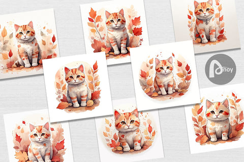 Digital Paper Cat Among Falling Leaves Digital Pattern artnoy 