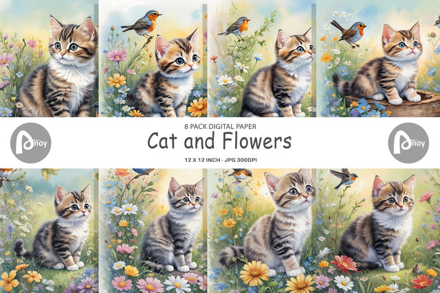 Digital Paper Cat and Flowers Digital Pattern artnoy 