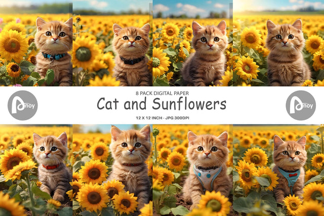 Digital Paper Cat and Sunflowers Digital Pattern artnoy 