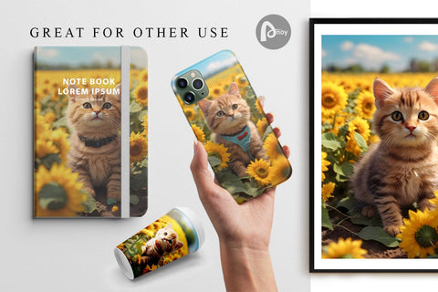 Digital Paper Cat and Sunflowers Digital Pattern artnoy 