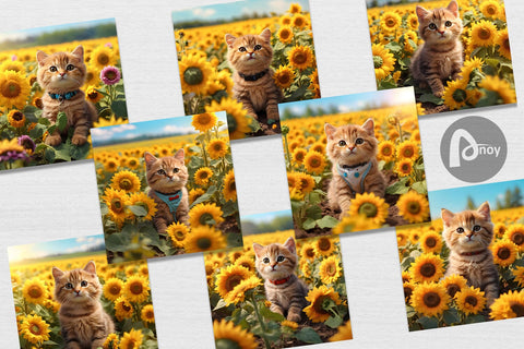 Digital Paper Cat and Sunflowers Digital Pattern artnoy 