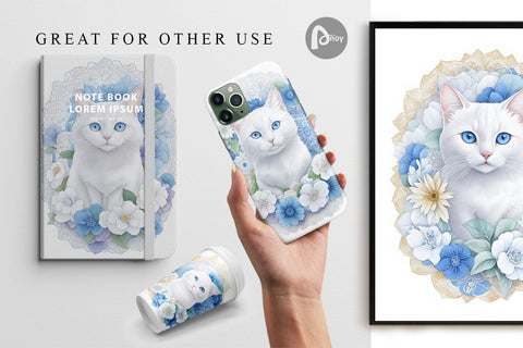 Digital Paper Cat Blue Eyes Floral Digital Pattern artnoy 