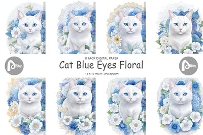 Digital Paper Cat Blue Eyes Floral Digital Pattern artnoy 