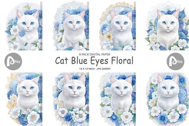 Digital Paper Cat Blue Eyes Floral Digital Pattern artnoy 