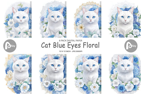 Digital Paper Cat Blue Eyes Floral Digital Pattern artnoy 