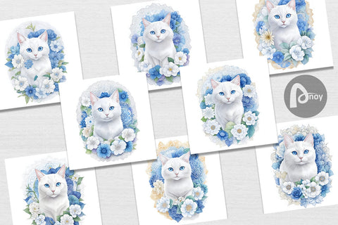Digital Paper Cat Blue Eyes Floral Digital Pattern artnoy 