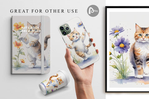 Digital Paper Cat in Summer Watercolor Digital Pattern artnoy 