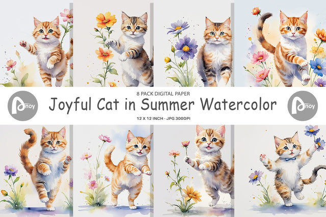 Digital Paper Cat in Summer Watercolor Digital Pattern artnoy 