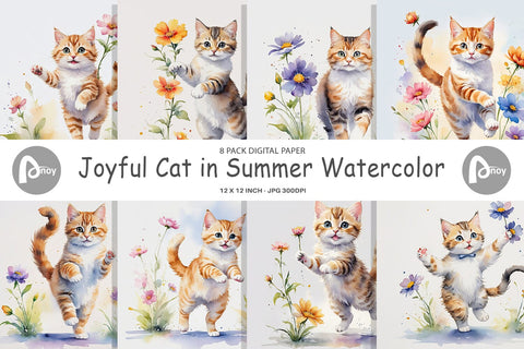 Digital Paper Cat in Summer Watercolor Digital Pattern artnoy 