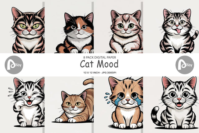 Digital Paper Cat Mood Expressions Digital Pattern artnoy 