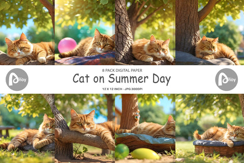Digital Paper Cat on Summer Day Digital Pattern artnoy 