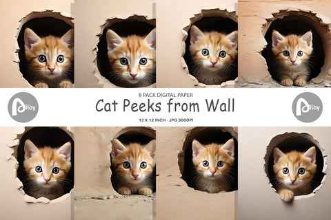 Digital Paper Cat Peeks from Wall Digital Pattern artnoy 