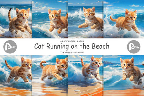 Digital Paper Cat Running on the Beach Digital Pattern artnoy 