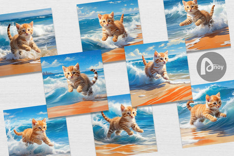 Digital Paper Cat Running on the Beach Digital Pattern artnoy 