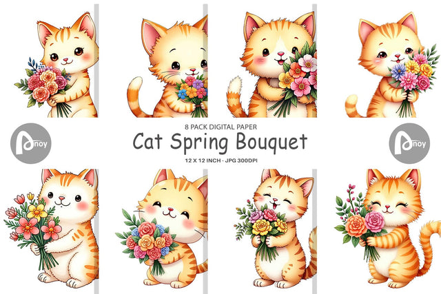 Digital Paper Cat Spring Bouquet Digital Pattern artnoy 