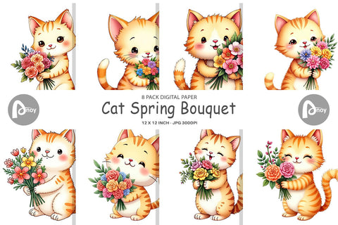 Digital Paper Cat Spring Bouquet Digital Pattern artnoy 