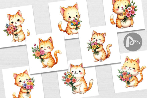Digital Paper Cat Spring Bouquet Digital Pattern artnoy 