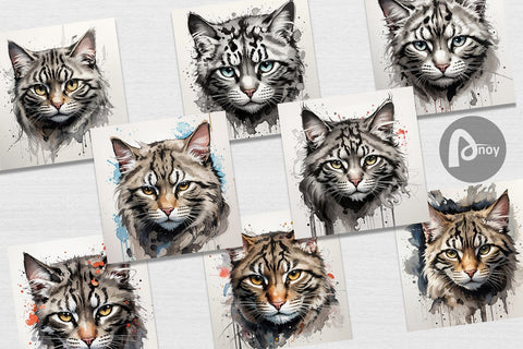 Digital Paper Cat Watercolor Ink Digital Pattern artnoy 