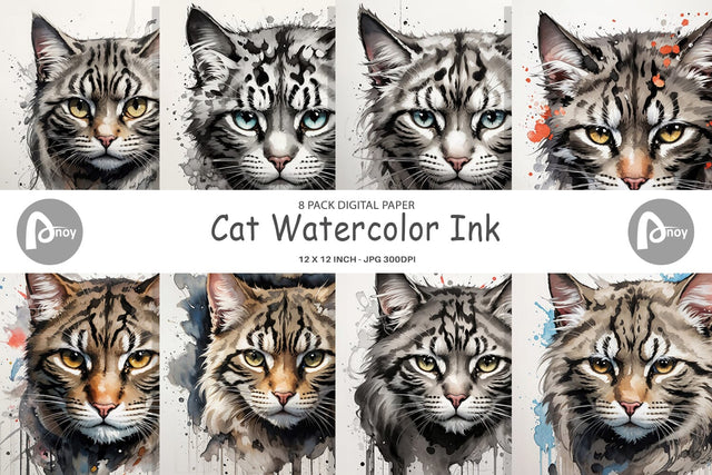 Digital Paper Cat Watercolor Ink Digital Pattern artnoy 