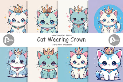 Digital Paper Cat Wearing Crown Digital Pattern artnoy 