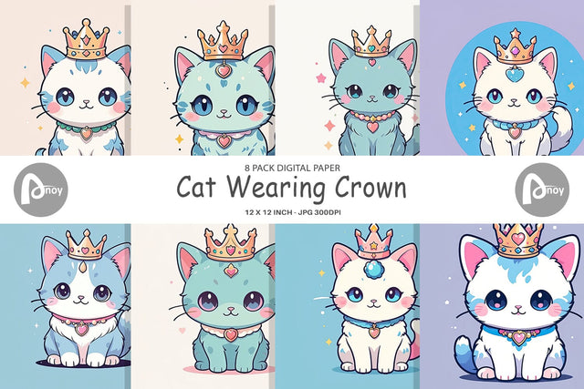 Digital Paper Cat Wearing Crown Digital Pattern artnoy 