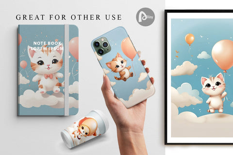 Digital Paper Cat With Balloon Digital Pattern artnoy 