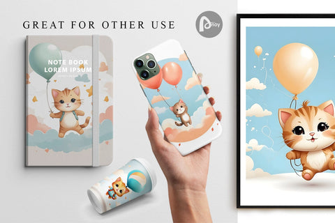 Digital Paper Cat With Balloon Digital Pattern artnoy 