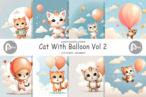 Digital Paper Cat With Balloon Digital Pattern artnoy 