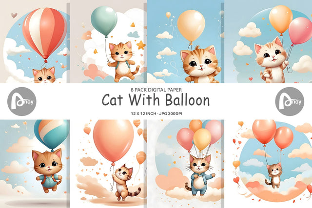 Digital Paper Cat With Balloon Digital Pattern artnoy 
