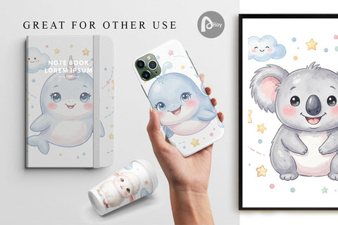 Digital Paper Celestial Baby Animal Watercolor Digital Pattern artnoy 