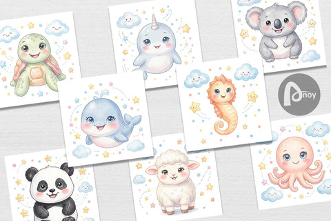 Digital Paper Celestial Baby Animal Watercolor Digital Pattern artnoy 