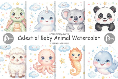 Digital Paper Celestial Baby Animal Watercolor Digital Pattern artnoy 