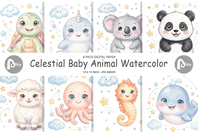 Digital Paper Celestial Baby Animal Watercolor Digital Pattern artnoy 
