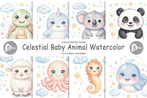Digital Paper Celestial Baby Animal Watercolor Digital Pattern artnoy 