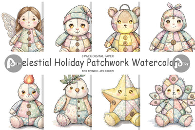 Digital Paper Celestial Holiday Patchwork Watercolor Digital Pattern artnoy 